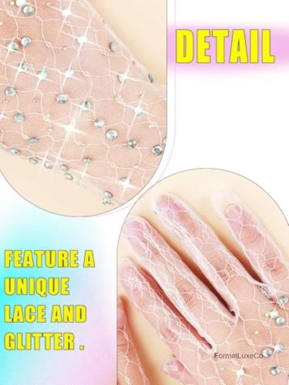 Long Lace Formal Gloves with Rhinestone Sparkly Glitter Costume Gloves